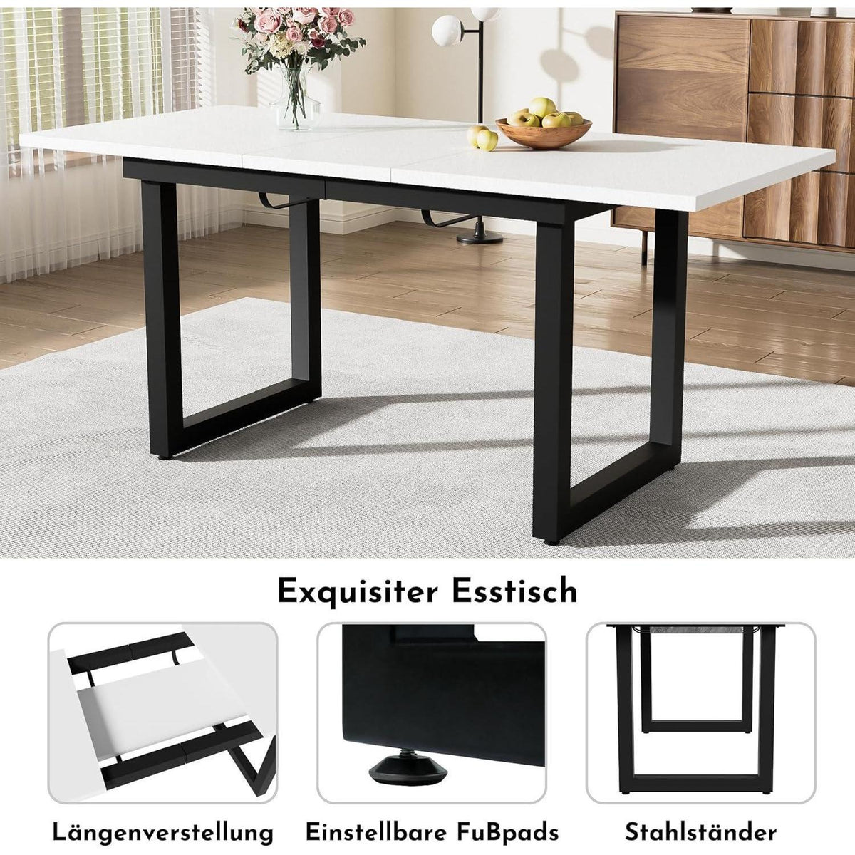 Ausziehbarer Esstisch 140-180cm, Eicheoptik & Schwarz
