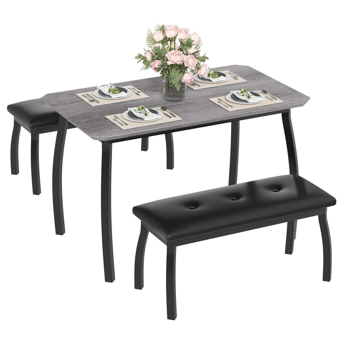 3-teiliges Küchentisch-Set mit Bänken – Vintage Grau