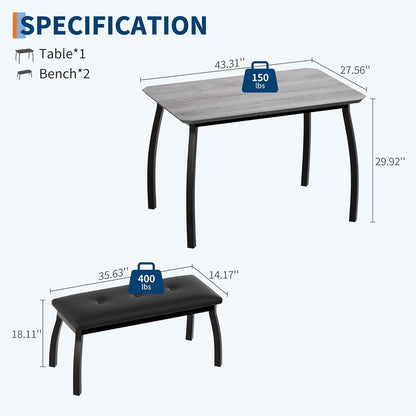 3-teiliges Küchentisch-Set mit Bänken – Vintage Grau