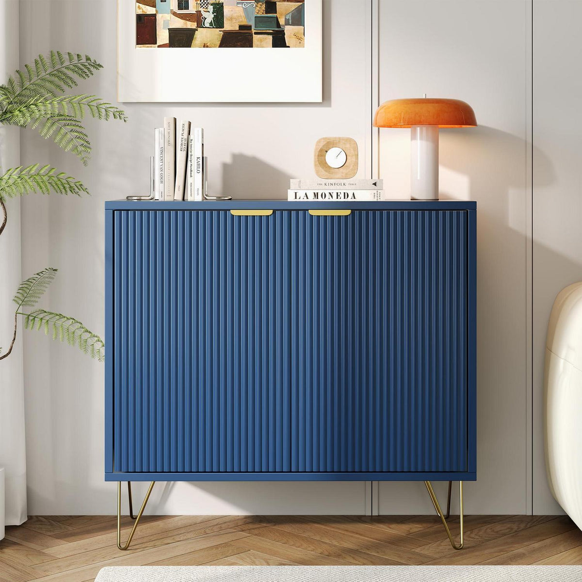 Modernes Sideboard Blau mit 2 Türen & Stauraum, Goldene Metallbeine