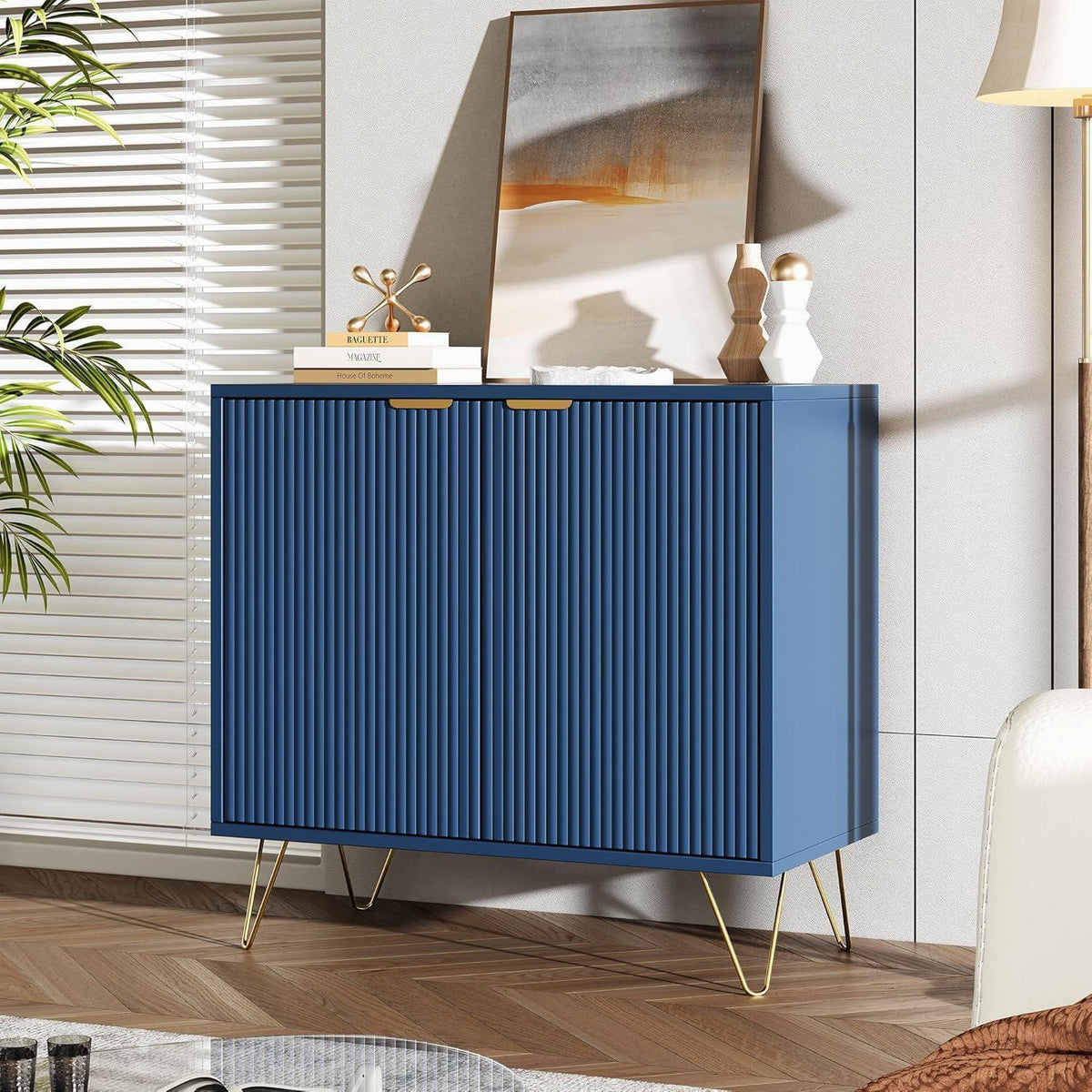 Modernes Sideboard Blau mit 2 Türen & Stauraum, Goldene Metallbeine
