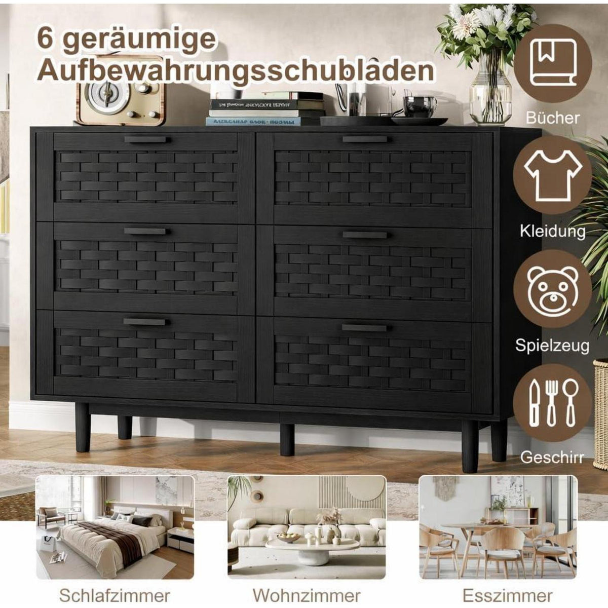 Kommode 6 Schubladen Rattan Optik – Schlafzimmer Sideboard Schwarz