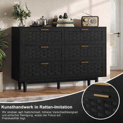 Kommode 6 Schubladen Rattan Optik – Schlafzimmer Sideboard Schwarz