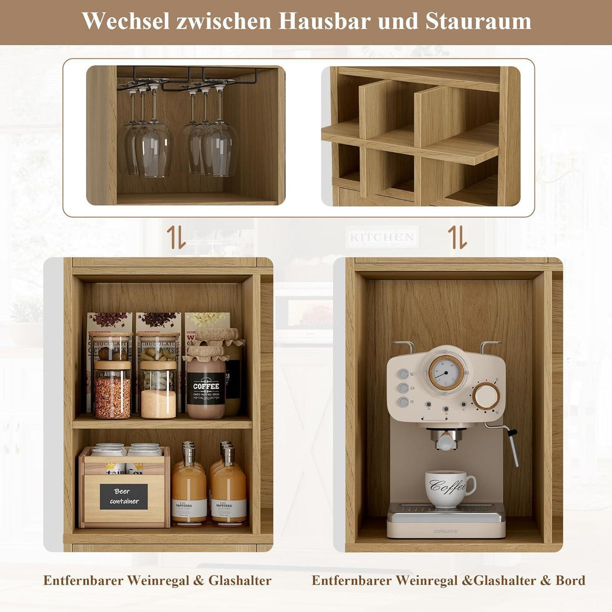 Küchenschrank mit Arbeitsplatte & Glastüren – Braun 180x40x80cm