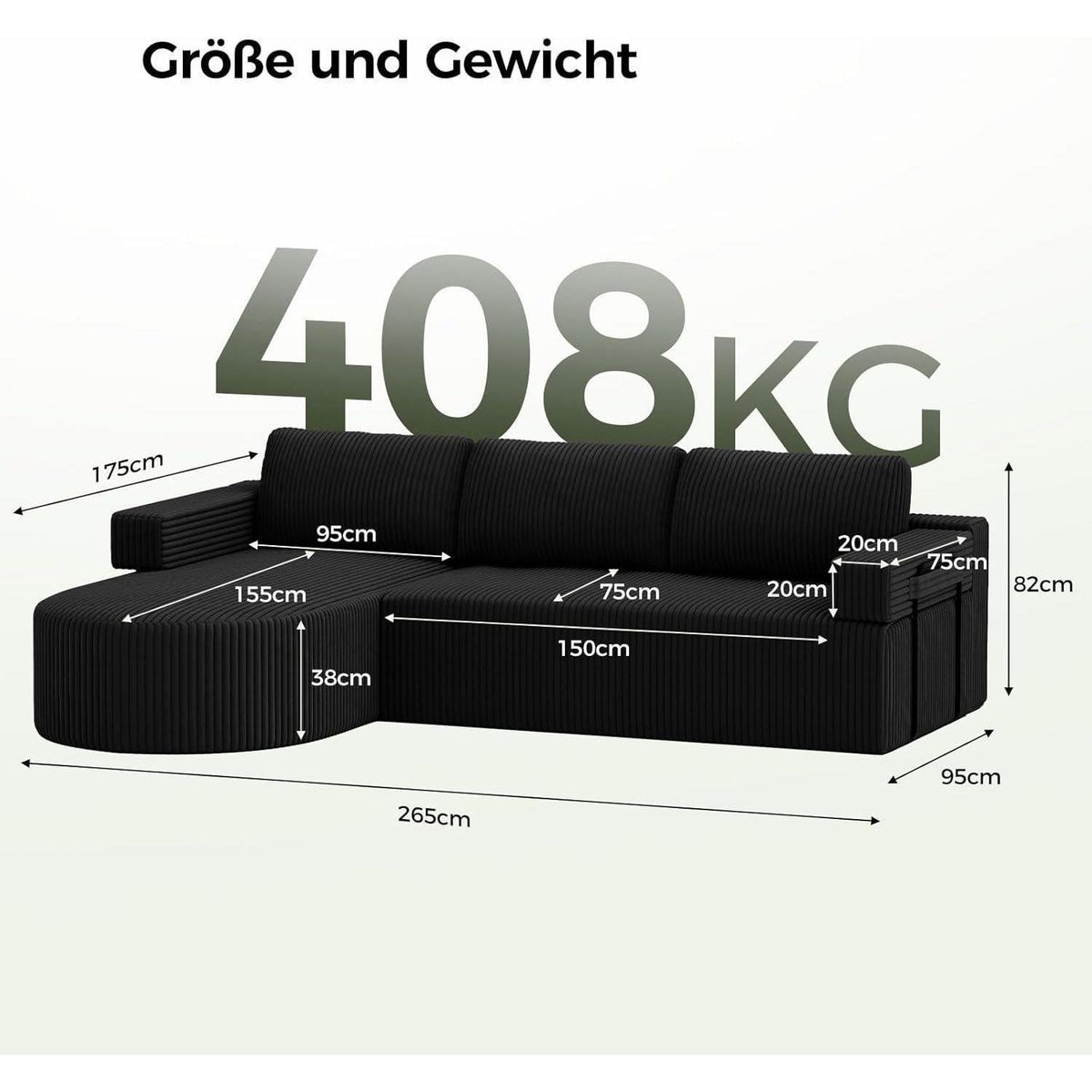 Ecksofa Schlaffunktion Cord Schwarz – Cloud Couch mit Chaise Longue