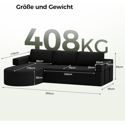 Ecksofa Schlaffunktion Cord Schwarz – Cloud Couch mit Chaise Longue