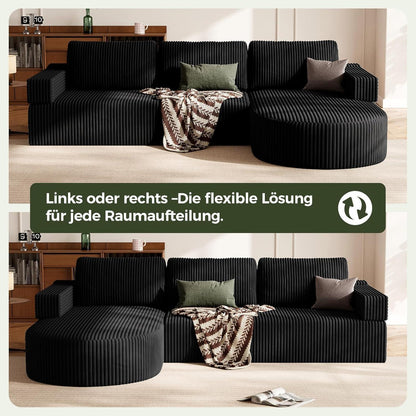 Ecksofa Schlaffunktion Cord Schwarz – Cloud Couch mit Chaise Longue