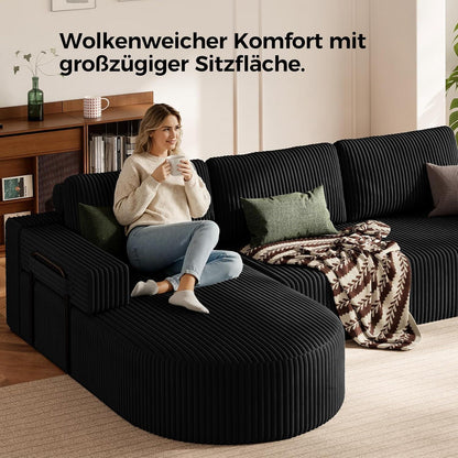 Ecksofa Schlaffunktion Cord Schwarz – Cloud Couch mit Chaise Longue