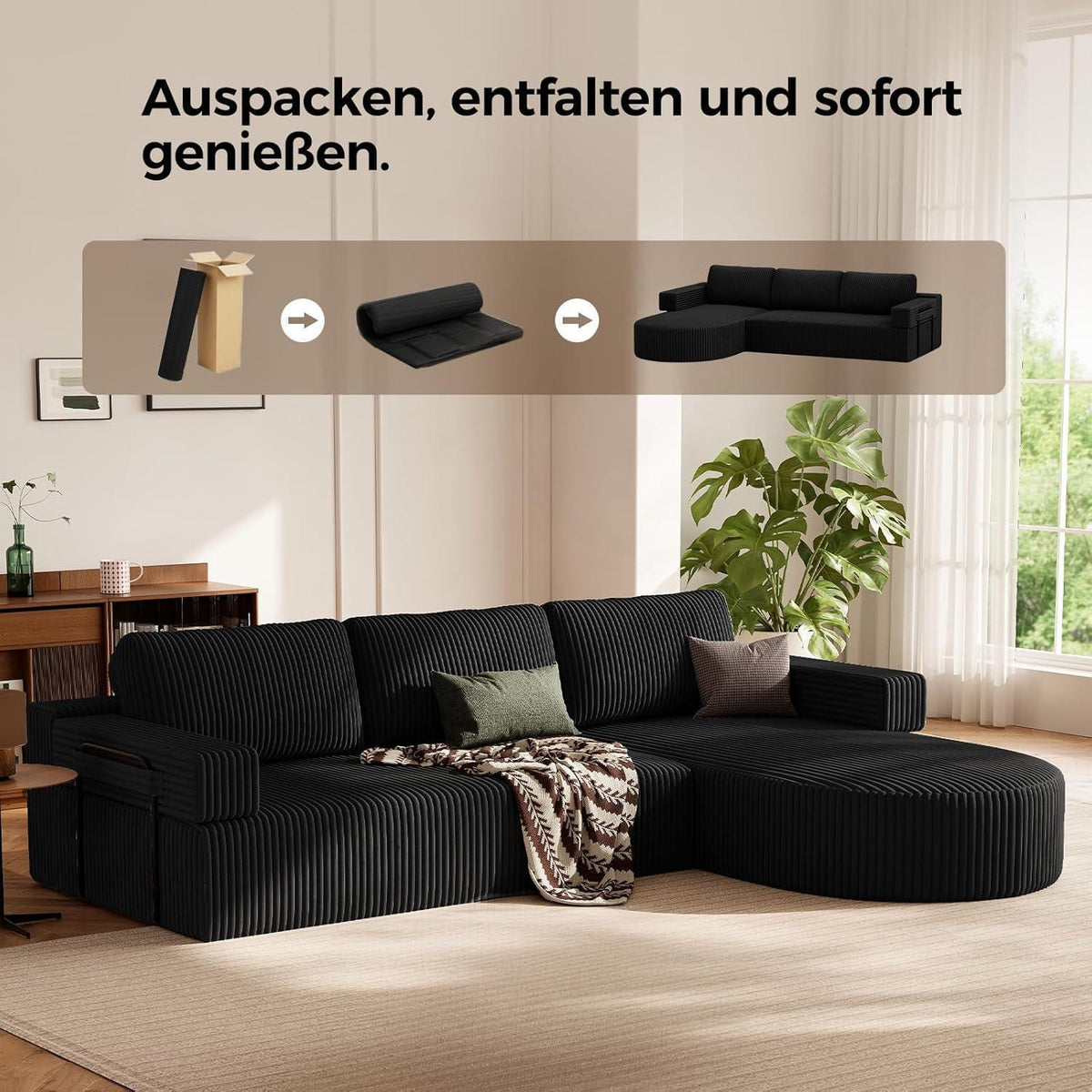 Ecksofa Schlaffunktion Cord Schwarz – Cloud Couch mit Chaise Longue