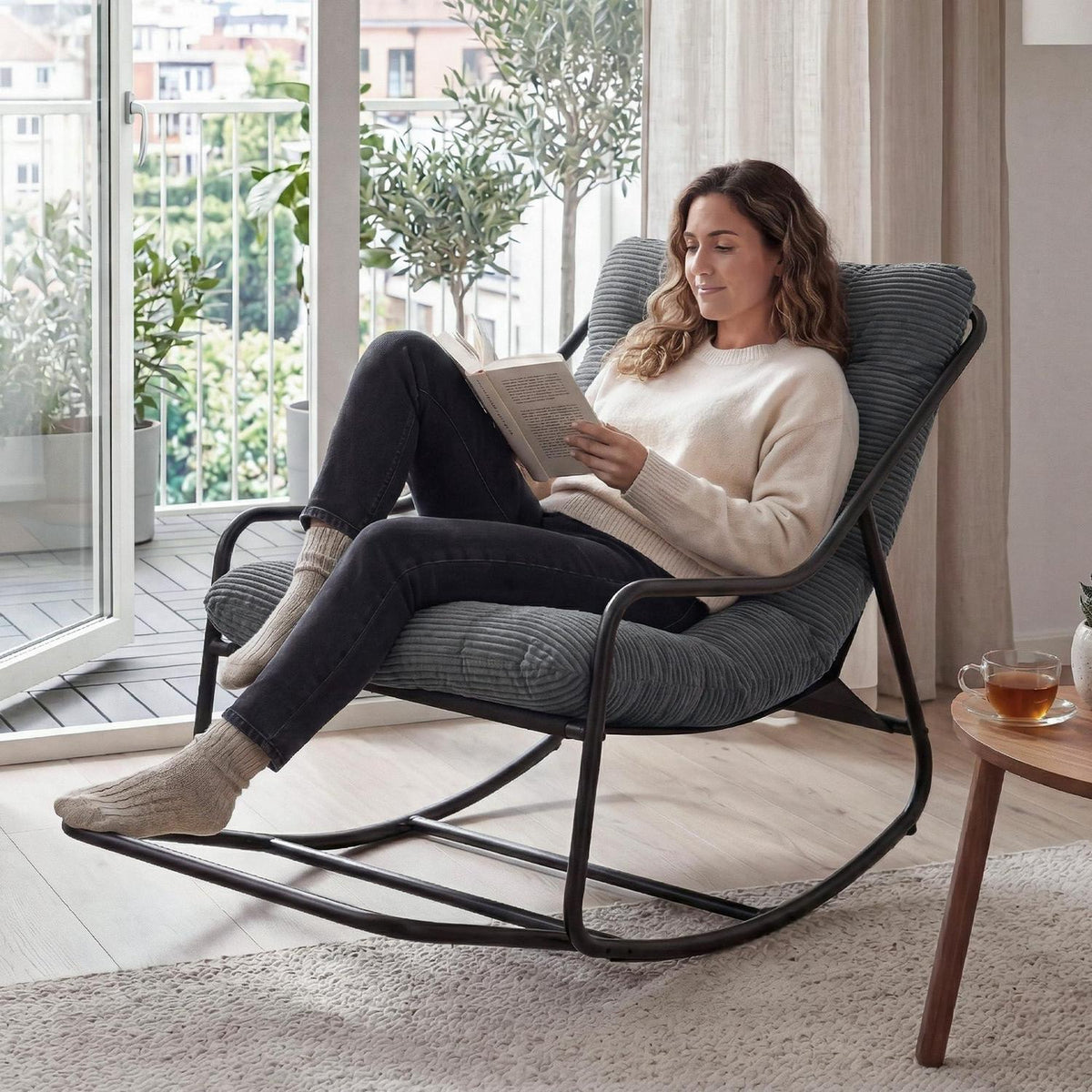 Übergroßer Schaukelstuhl – Gemütlicher Papasan Stuhl Dunkelgrau
