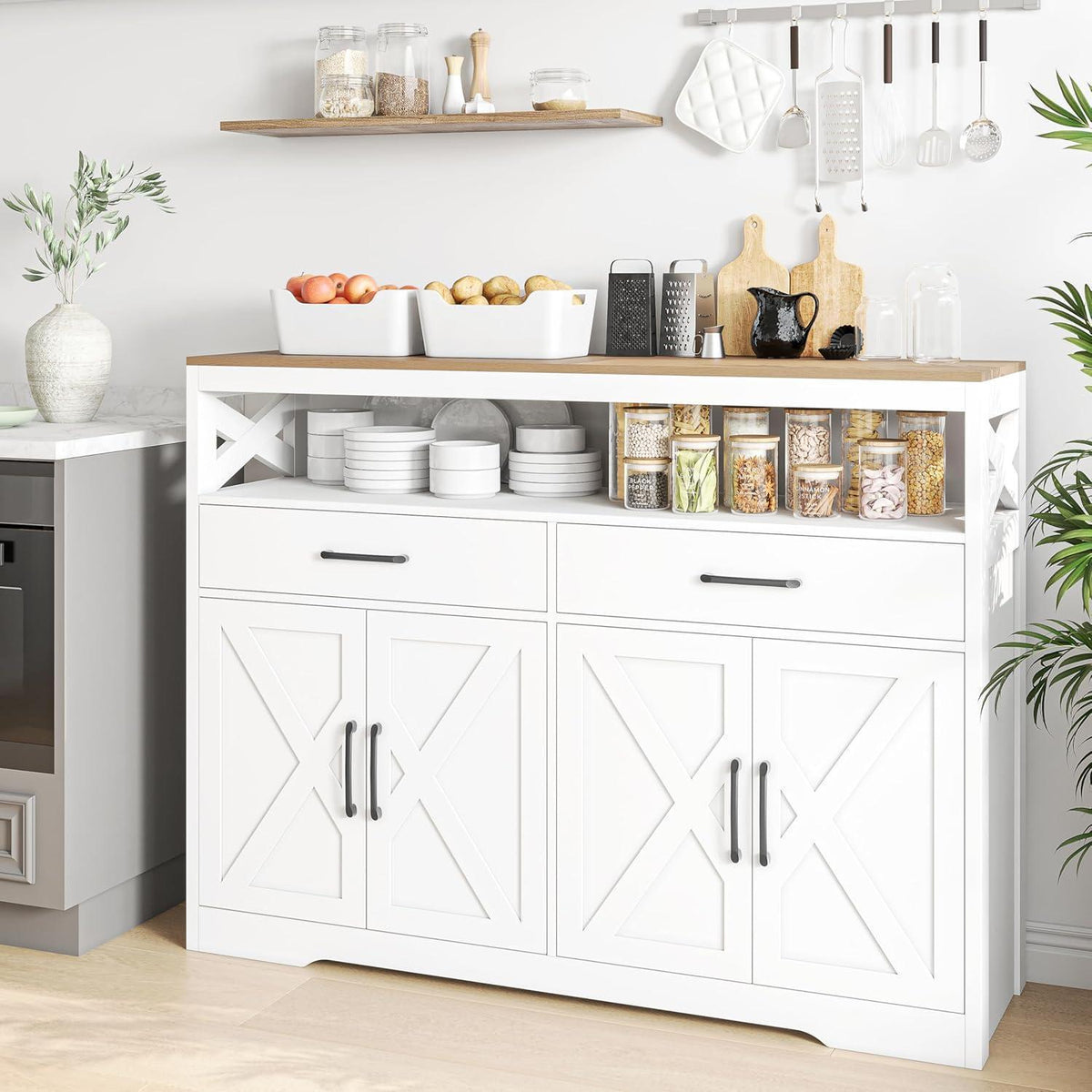 Weißes Sideboard mit Arbeitsplatte & Schubladen (140cm)