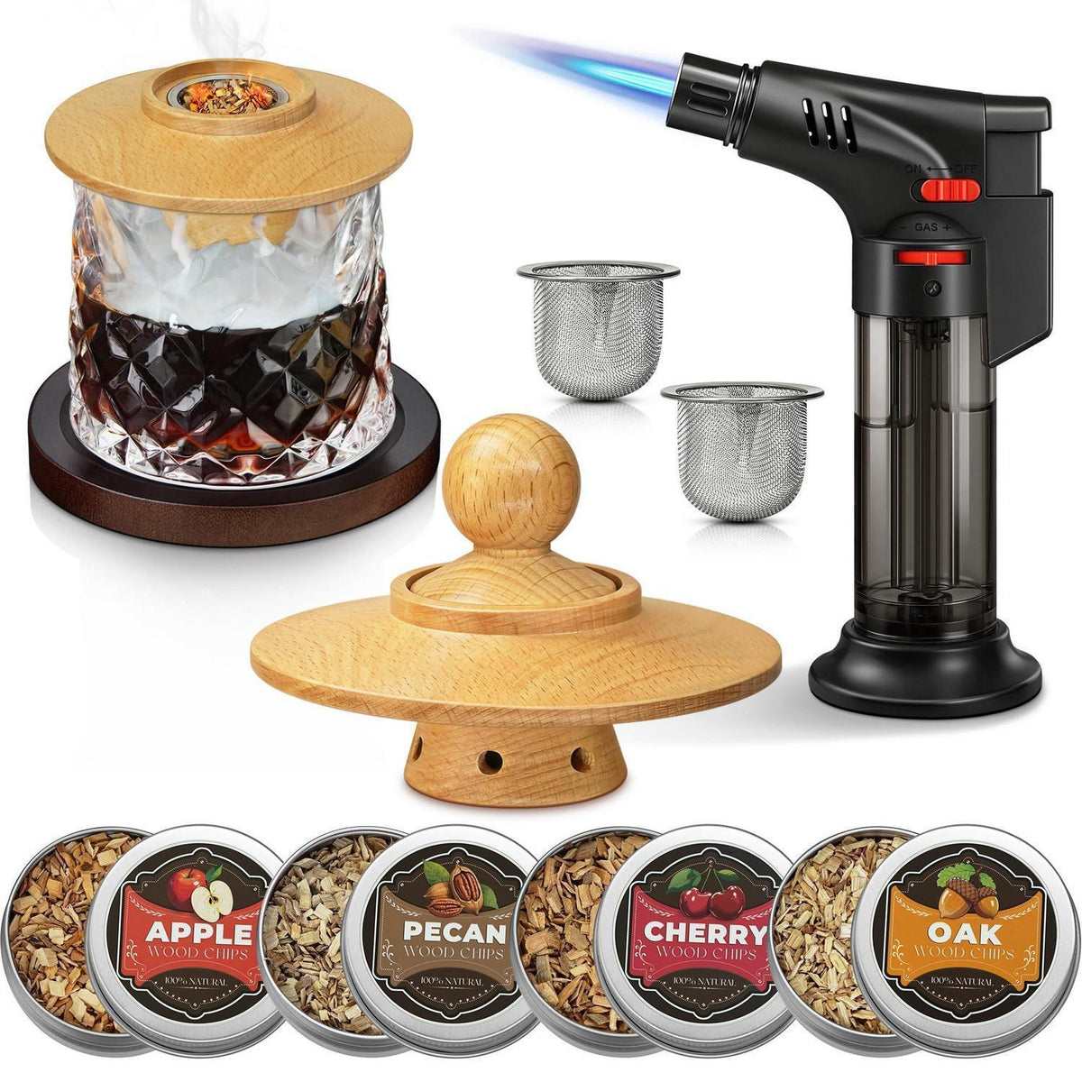 Whisky Räucher Set mit Brenner & 4 Holzsorten – Geschenk für Männer