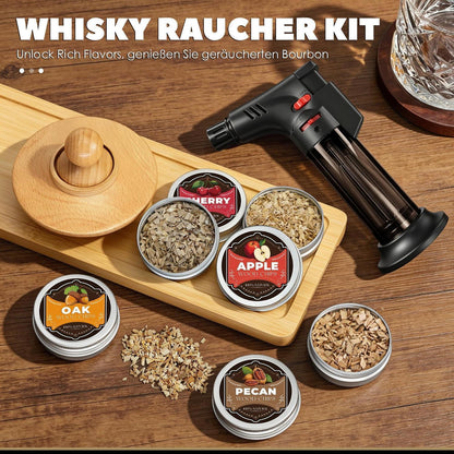 Whisky Räucher Set mit Brenner & 4 Holzsorten – Geschenk für Männer