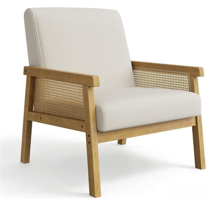 Rattanseiten Sessel | Gepolsterter Lesesessel Holzgestell Beige