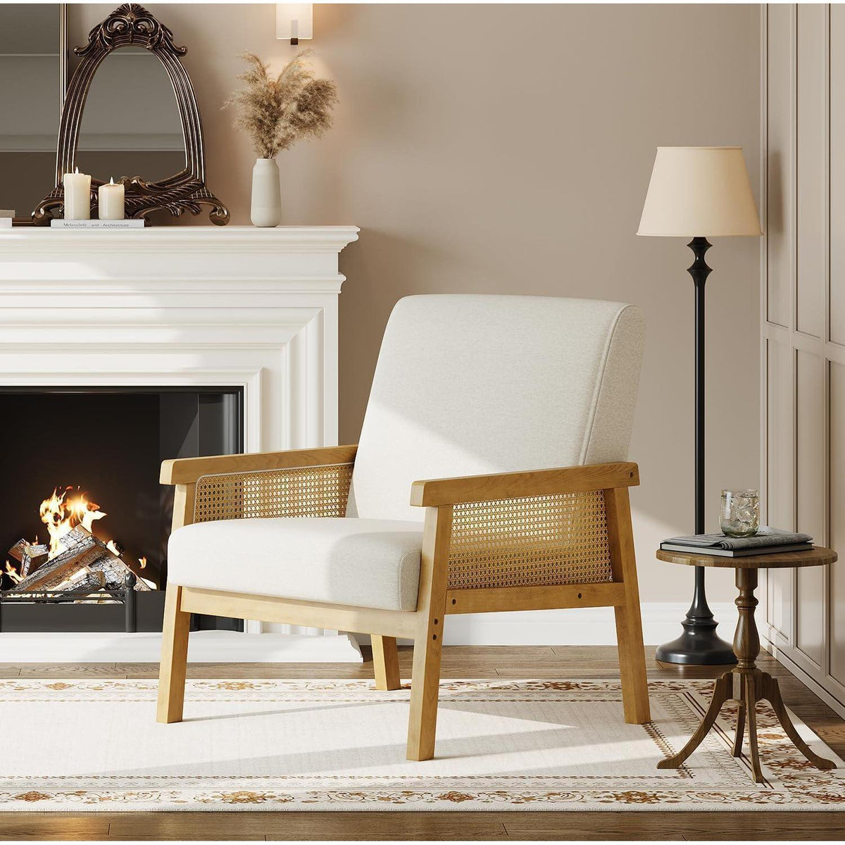 Rattanseiten Sessel | Gepolsterter Lesesessel Holzgestell Beige