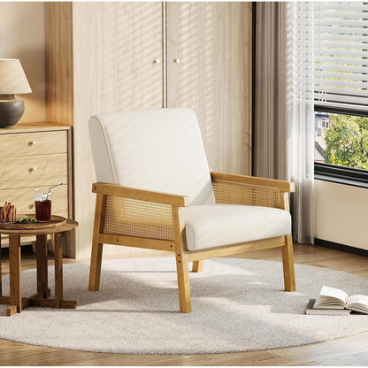 Rattanseiten Sessel | Gepolsterter Lesesessel Holzgestell Beige