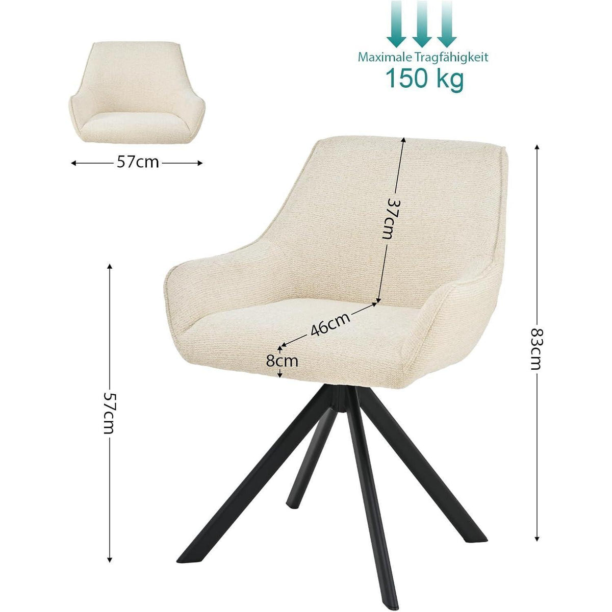 Drehbarer Esszimmerstuhl Set 4er – Cremeweiß, Chenille & Metall