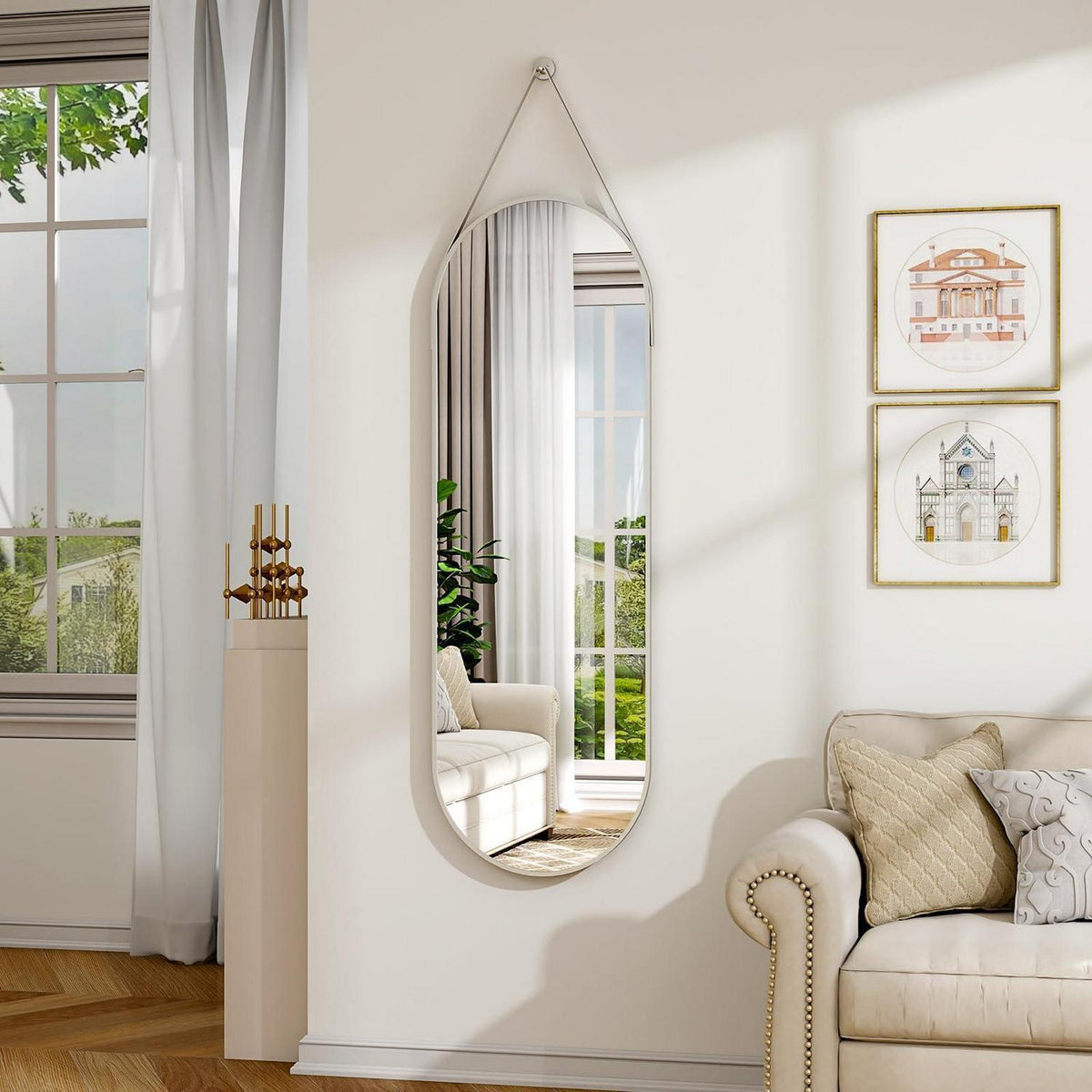 Ovaler Hänge-Spiegel 120x40cm mit Band – Silber in Lederoptik