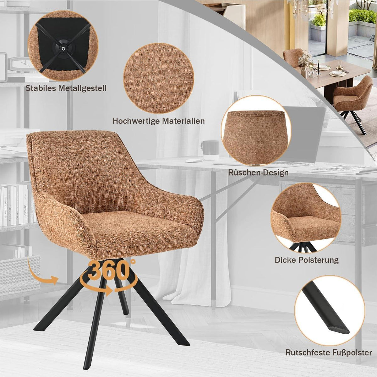 Drehbarer Esszimmerstuhl Set 4er – Chenille, Camelbraun
