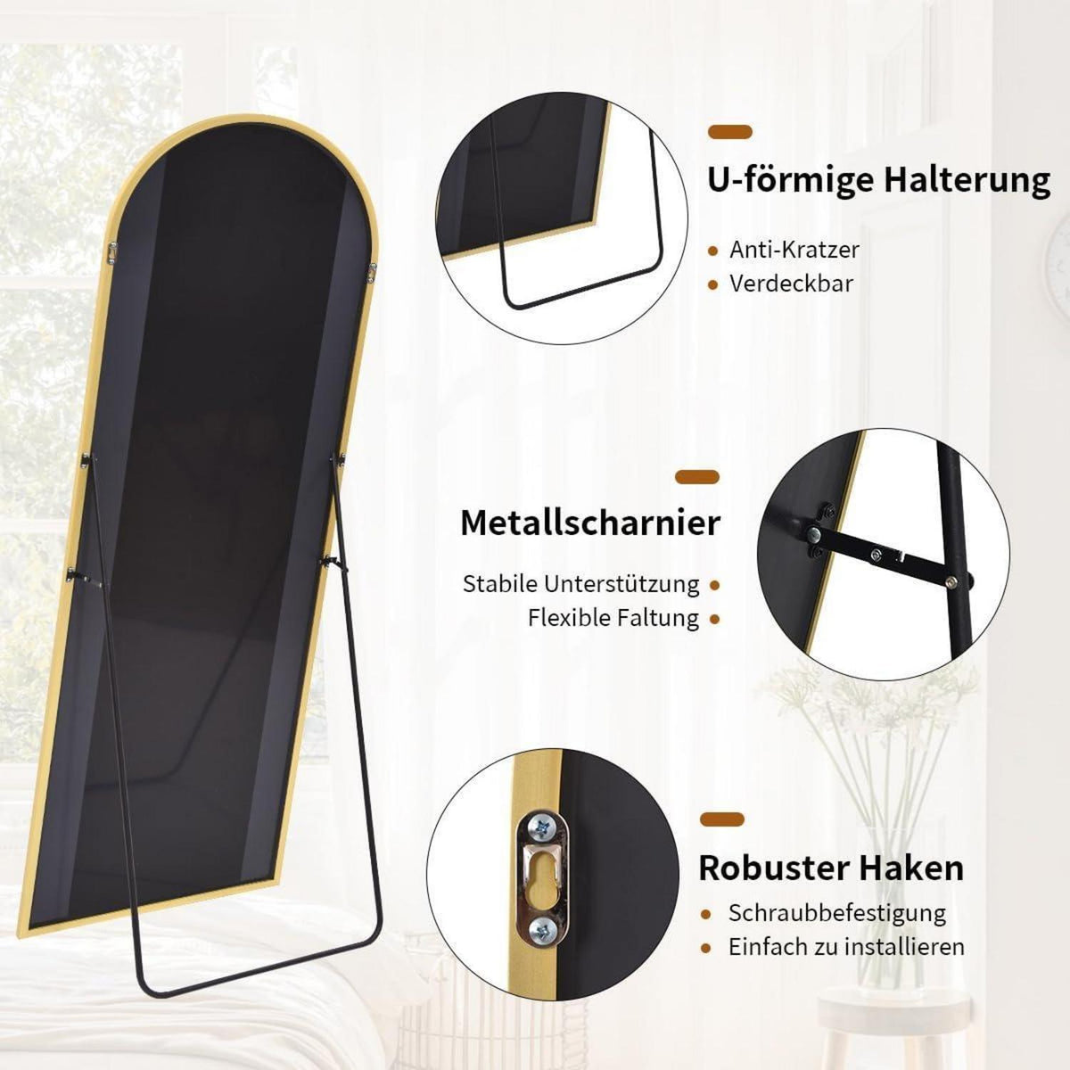 Ganzkörperspiegel Bogen Gold – 95x195cm, Stand- & Wandspiegel