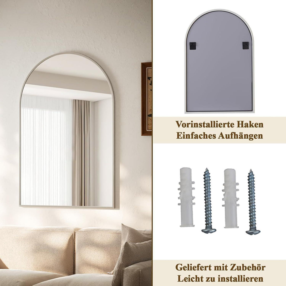 Silberner Bogen-Wandspiegel 91x61 cm – Modern & Dekorativ