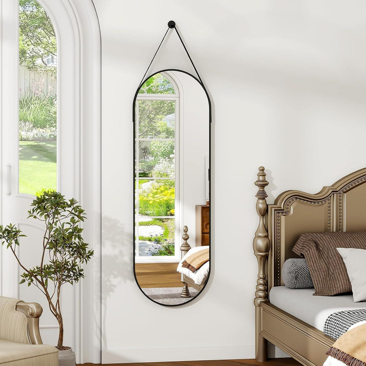 Ovaler Wandspiegel 120x40cm mit Band – Modern & Elegant in Lederoptik