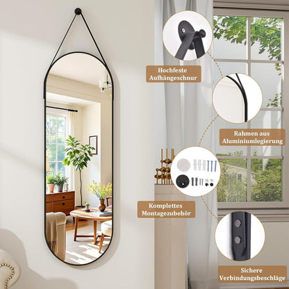 Ovaler Wandspiegel 120x40cm mit Band – Modern & Elegant in Lederoptik