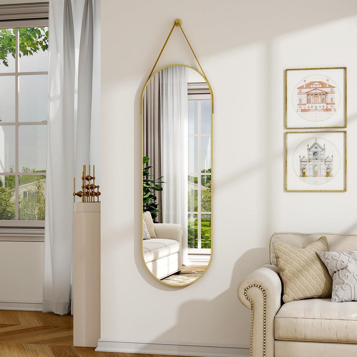 Ovaler Hänge-Spiegel 120x40cm mit Band – Gold in Lederoptik