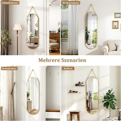 Ovaler Hänge-Spiegel 120x40cm mit Band – Gold in Lederoptik