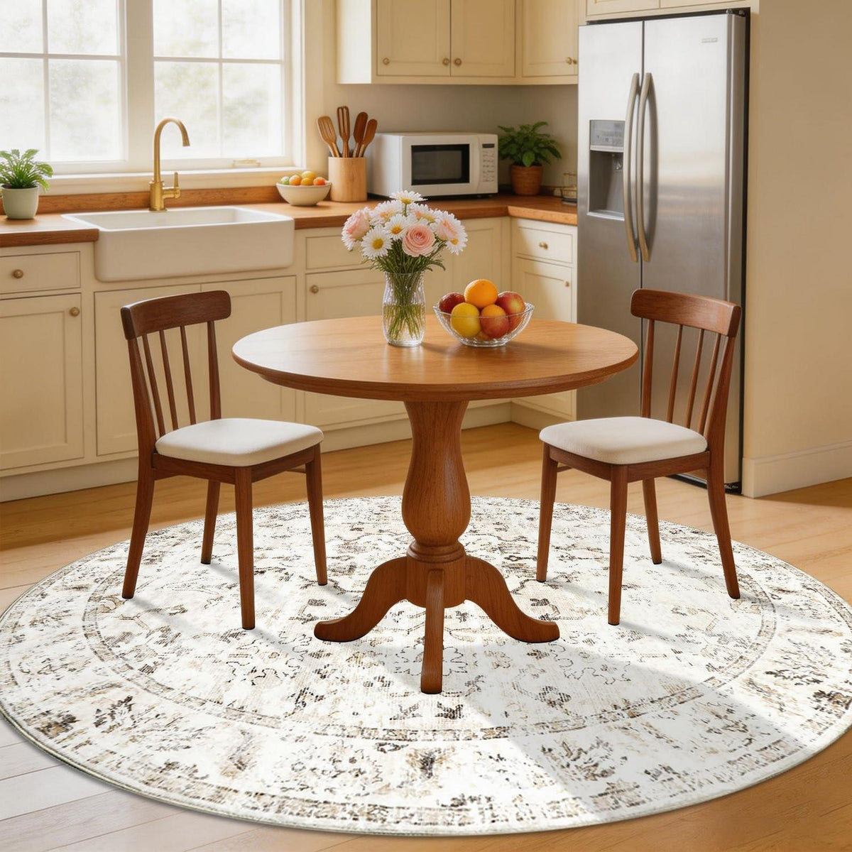 Runder Waschtbarer Teppich 200cm – Vintage Beige Wohnzimmer Teppich