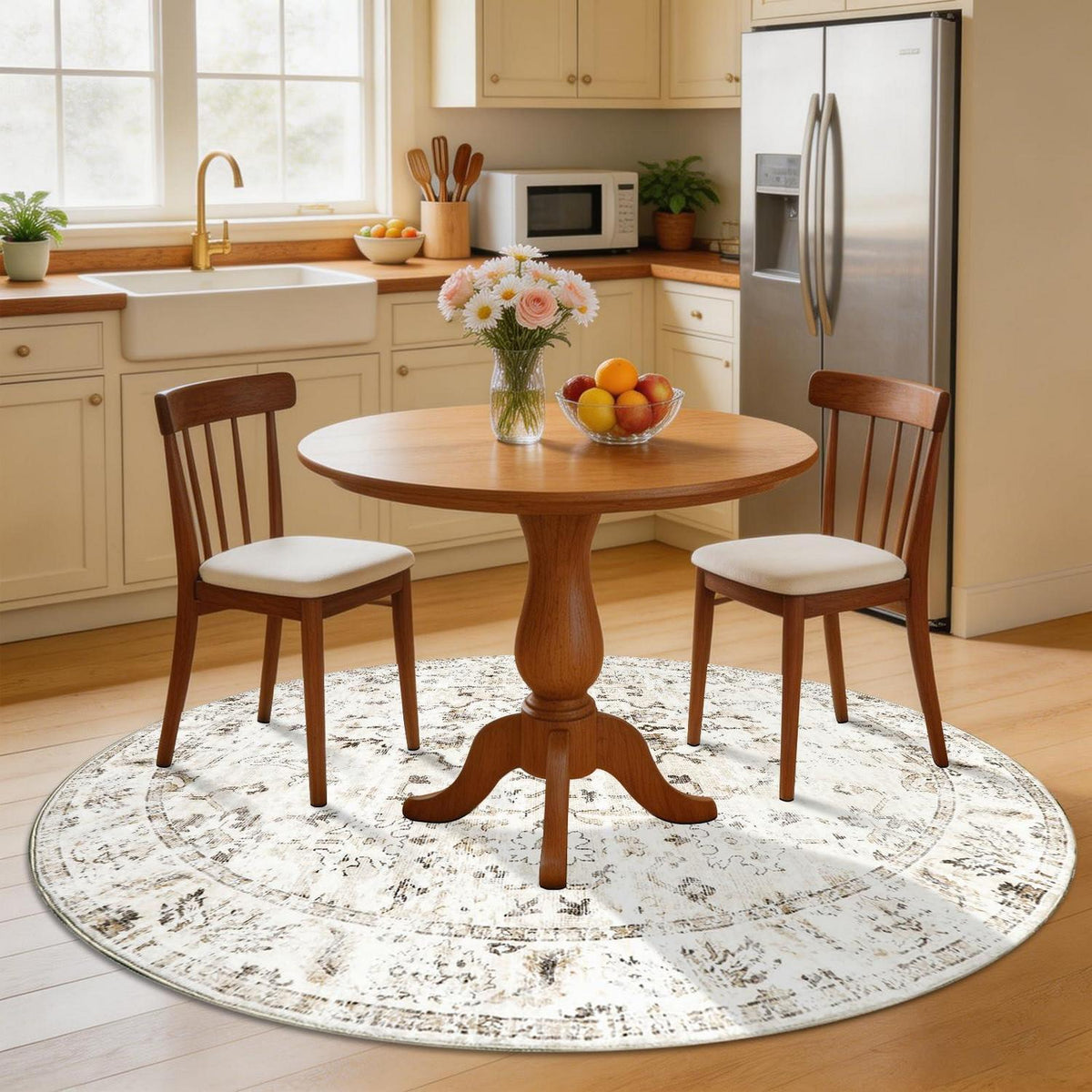 Runder Waschtbarer Teppich 180cm – Vintage Beige Kurzflor