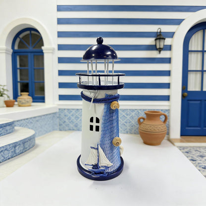 Teelichthalter Leuchtturm Metall 18cm Blau Weiß Maritim