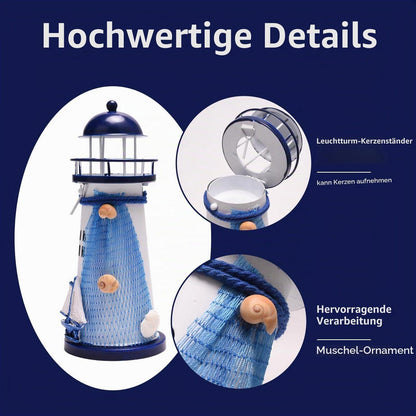 Teelichthalter Leuchtturm Metall 18cm Blau Weiß Maritim