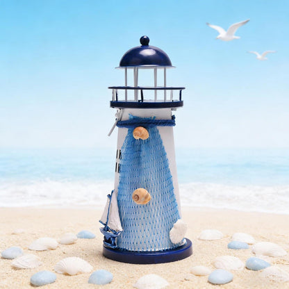 Teelichthalter Leuchtturm Metall 18cm Blau Weiß Maritim