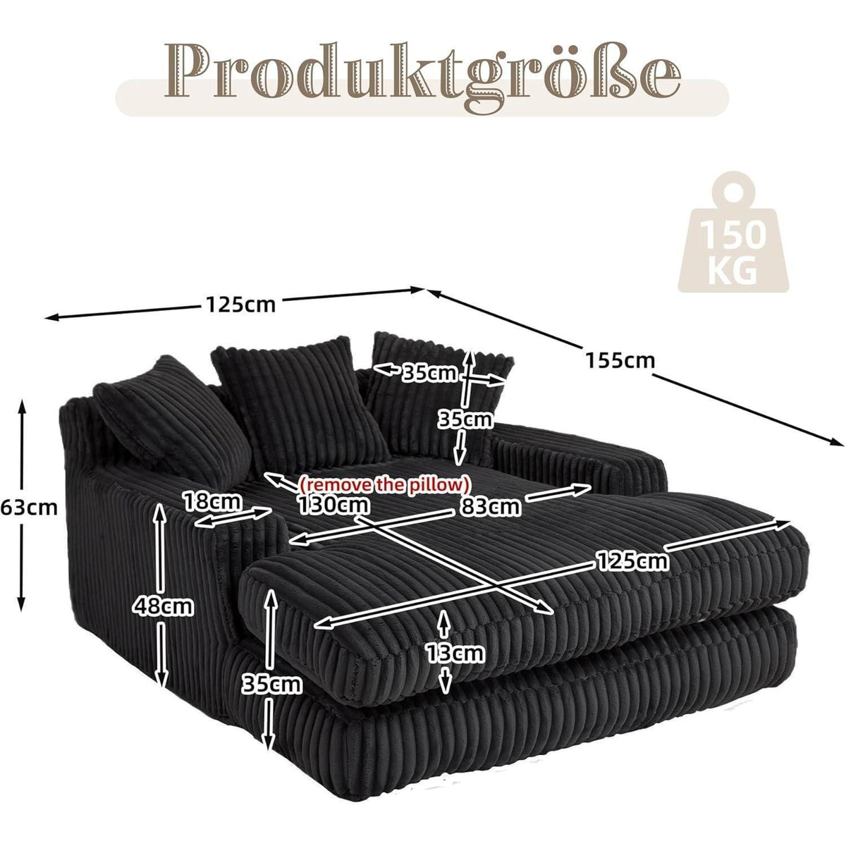 Boneless Couch: Bequemes Cord-Schlafsofa mit 3 Kissen (Schwarz)
