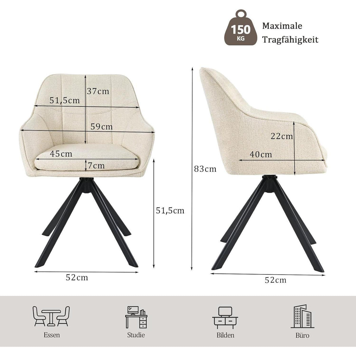 Drehbarer Esszimmerstuhl Set 4er – Cremeweiß, Chenille & 360°