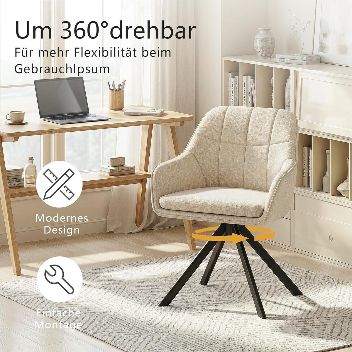 Drehbarer Esszimmerstuhl Set 4er – Cremeweiß, Chenille & 360°