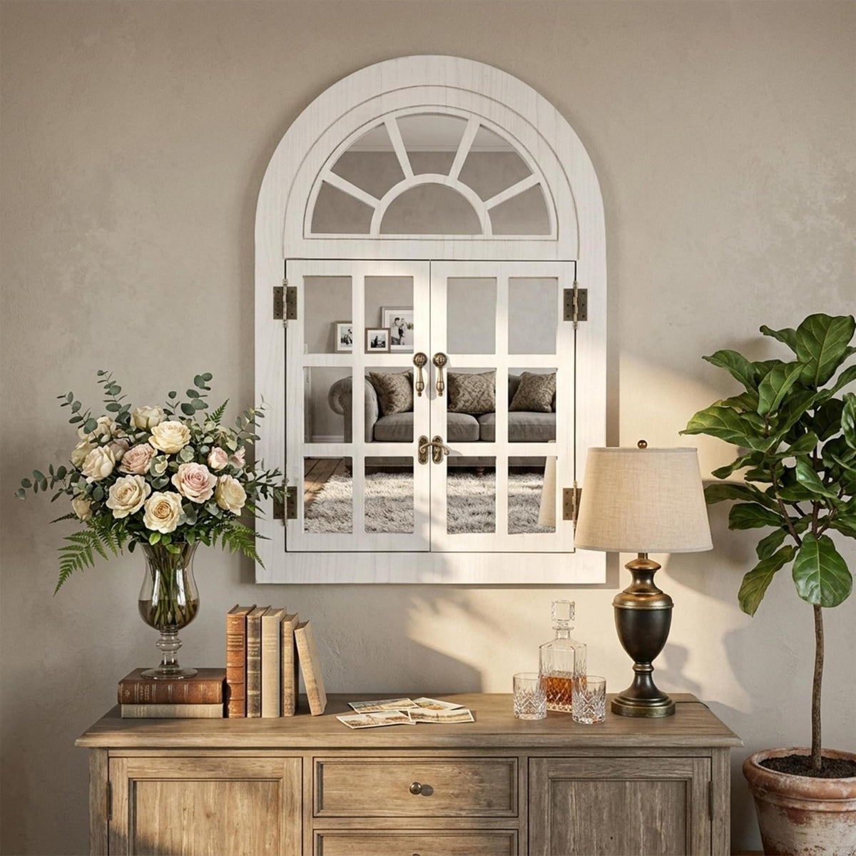 Klappbarer Fenster-Wandspiegel Holzrahmen Weiß 60x90