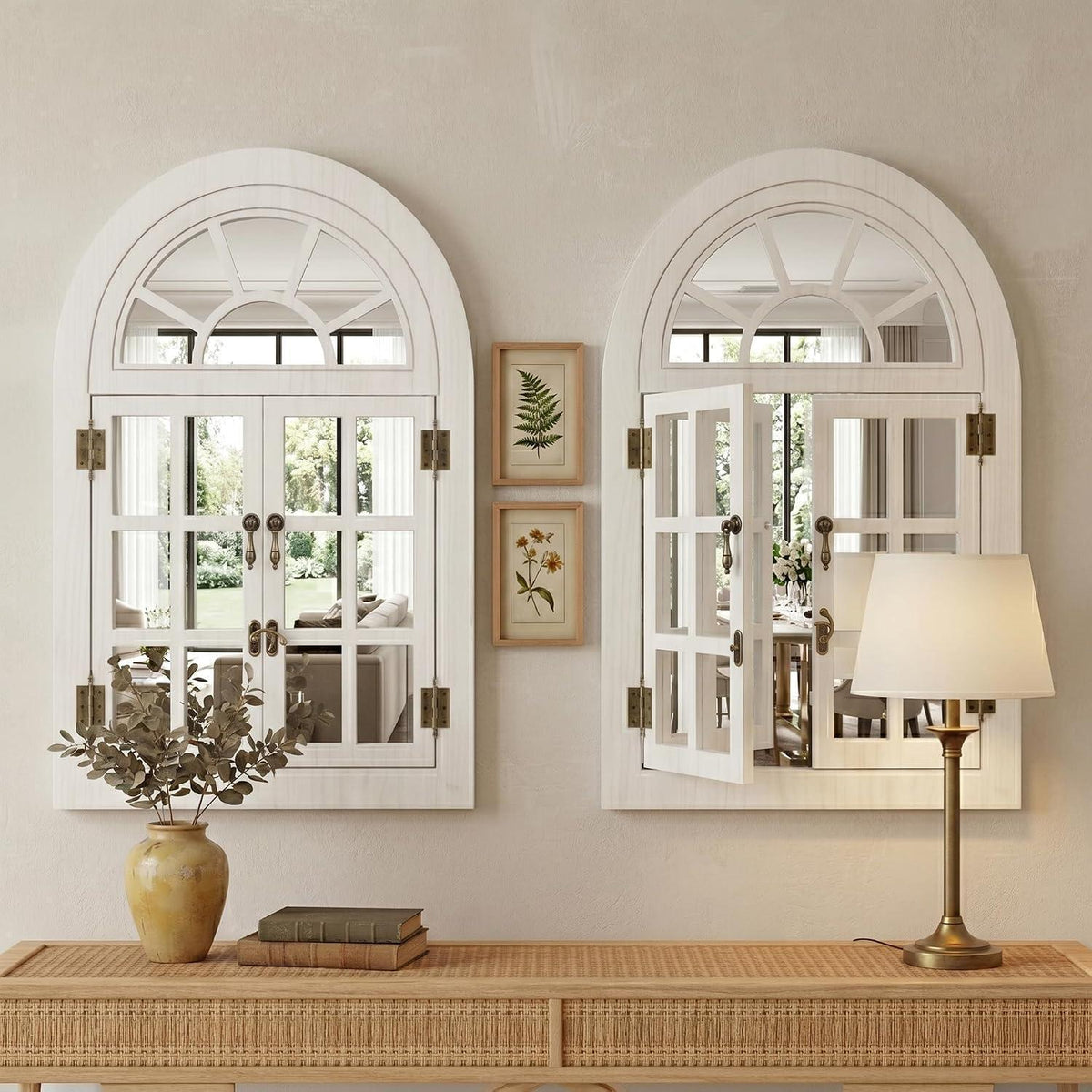 Klappbarer Fenster-Wandspiegel Holzrahmen Weiß 60x90