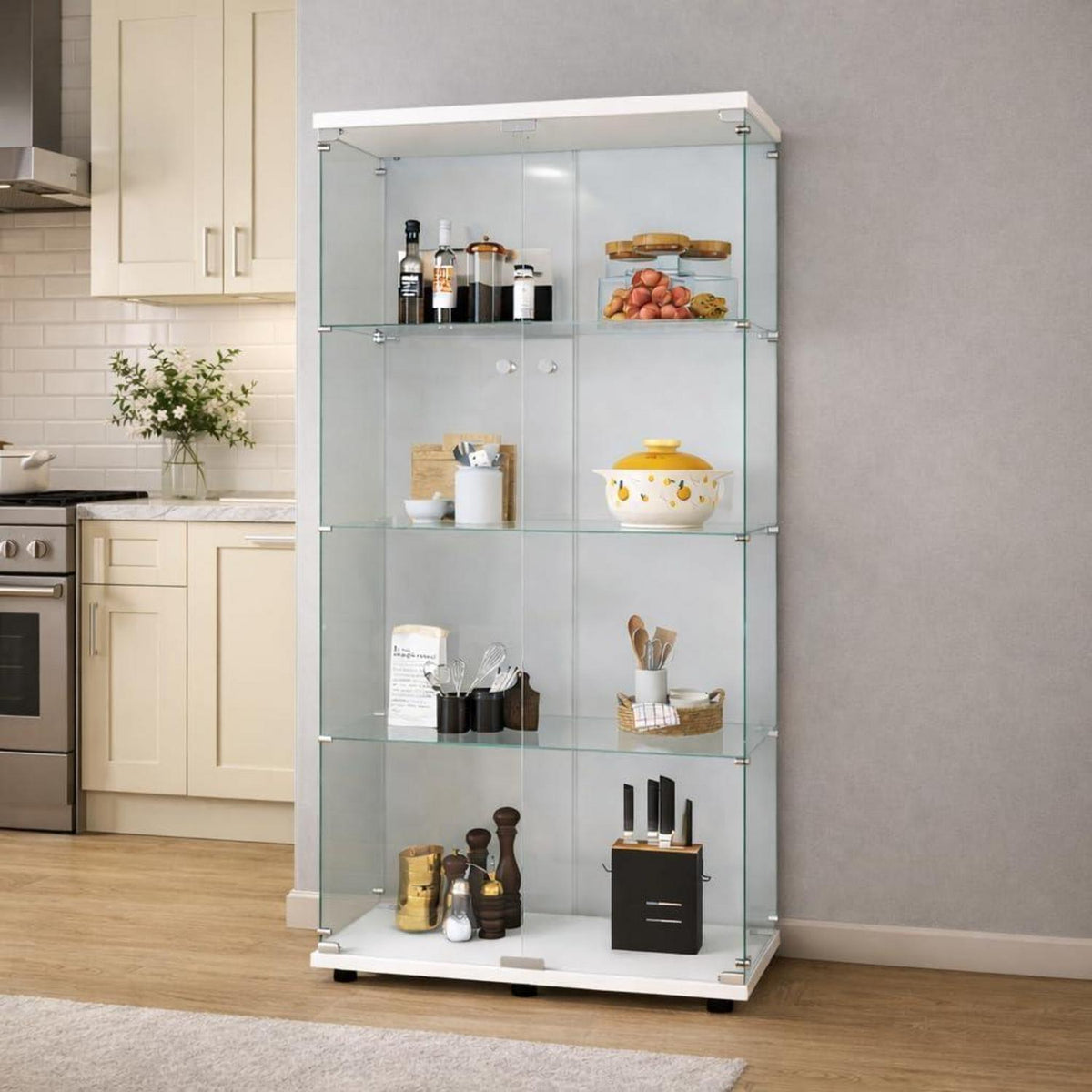 Standvitrine abschließbar mit 2 Türen & 4 Böden (Weiß)