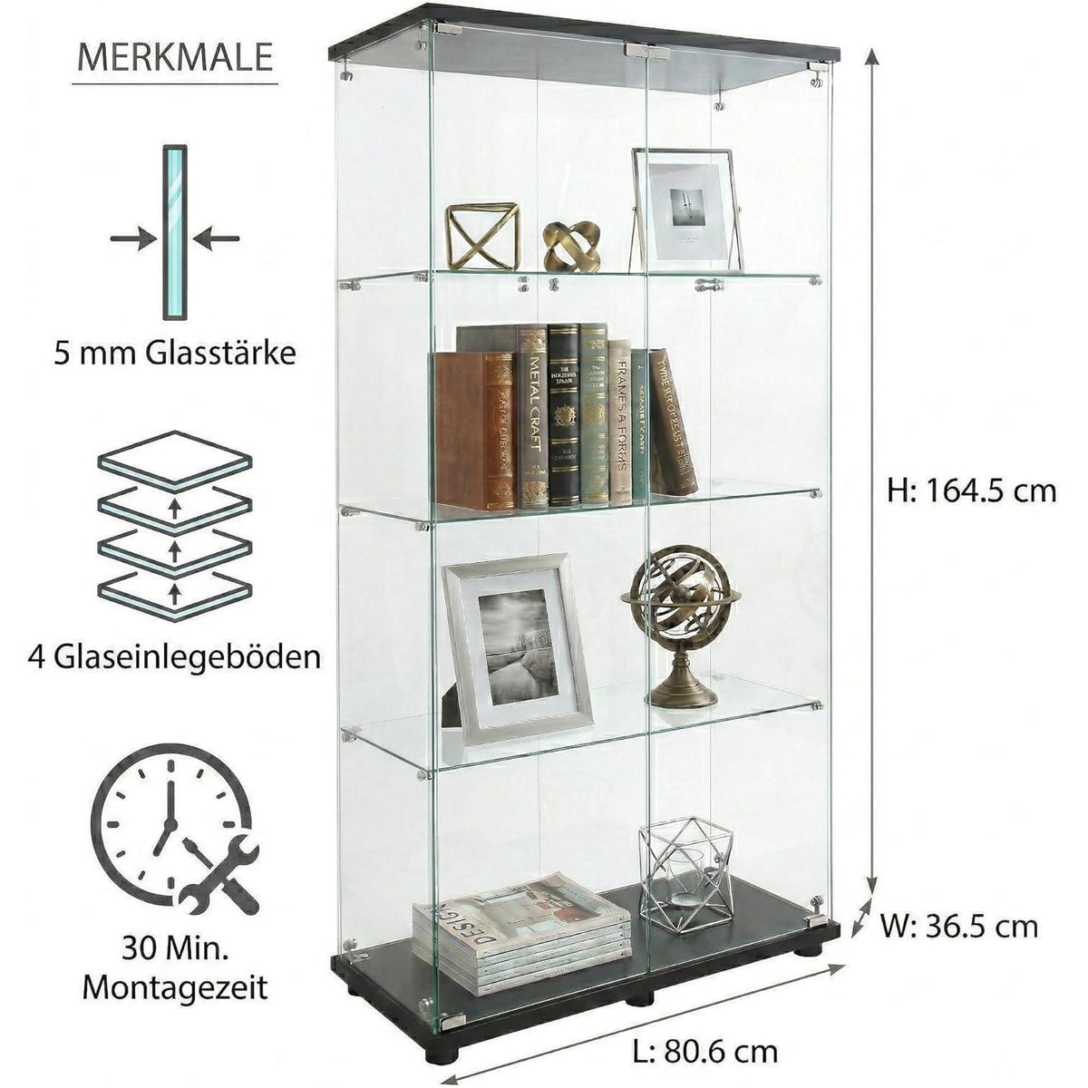 Glasvitrine Standvitrine Schwarz – Modern & 80x36x165cm