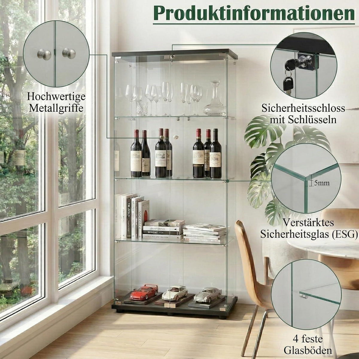 Glasvitrine Standvitrine Schwarz – Modern & 80x36x165cm