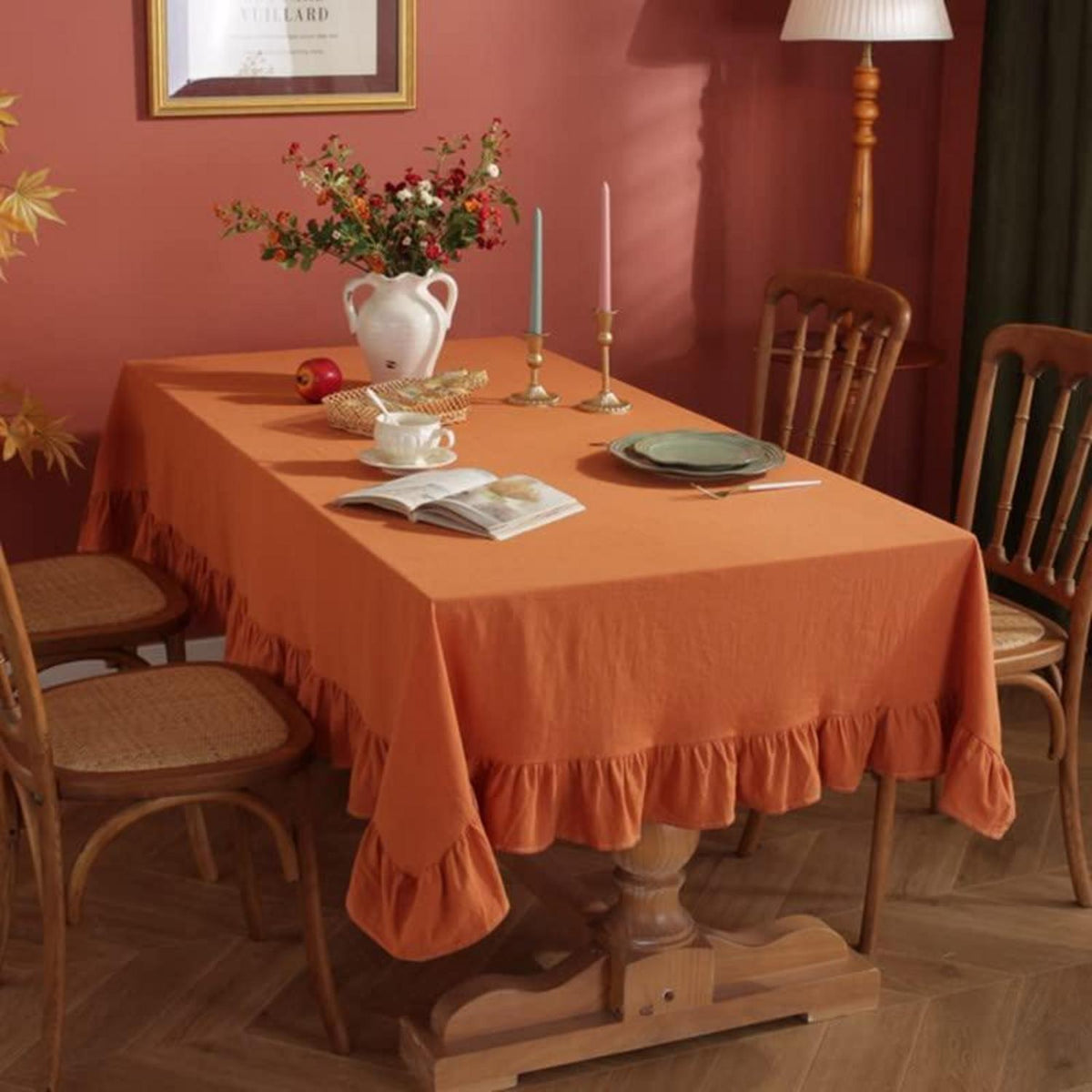 Baumwoll-Leinen Tischdecke Rüschen 140x300cm – Braun-Orange