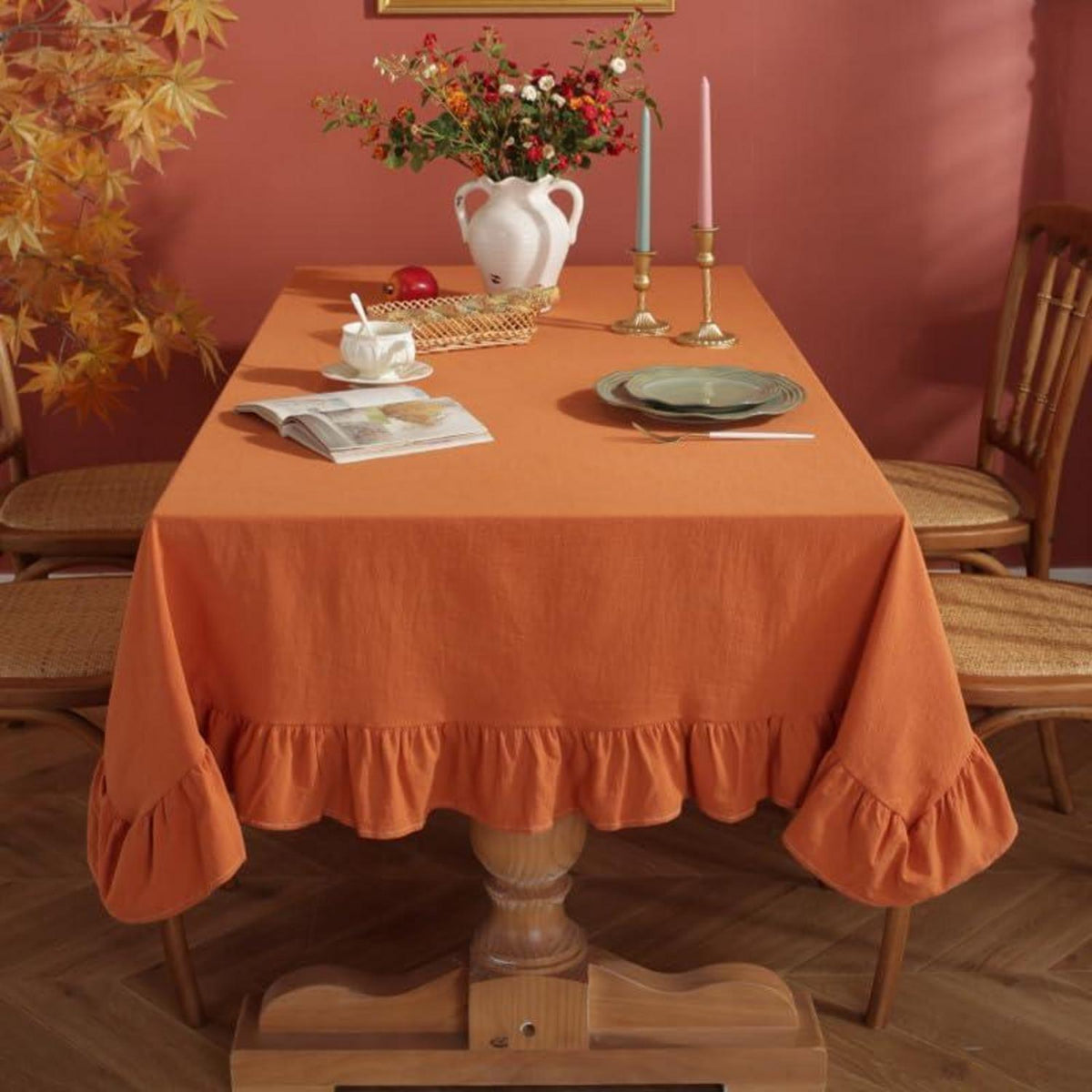 Baumwoll-Leinen Tischdecke Rüschen 140x300cm – Braun-Orange