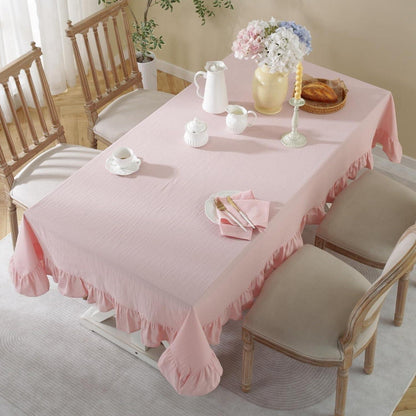 Rosa Baumwoll-Leinen Tischdecke mit Rüschen 152x305cm