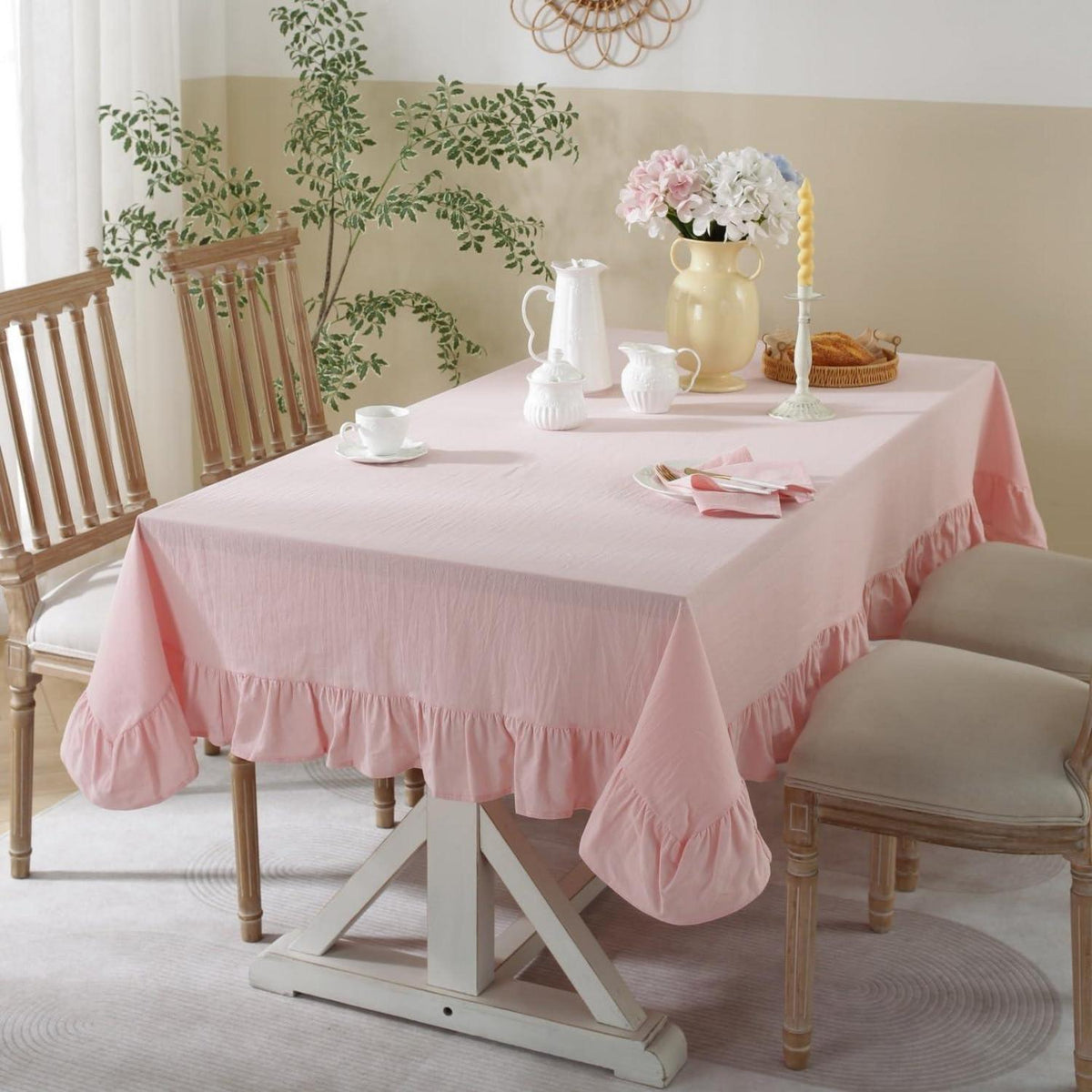 Rosa Baumwoll-Leinen Tischdecke mit Rüschen 152x305cm
