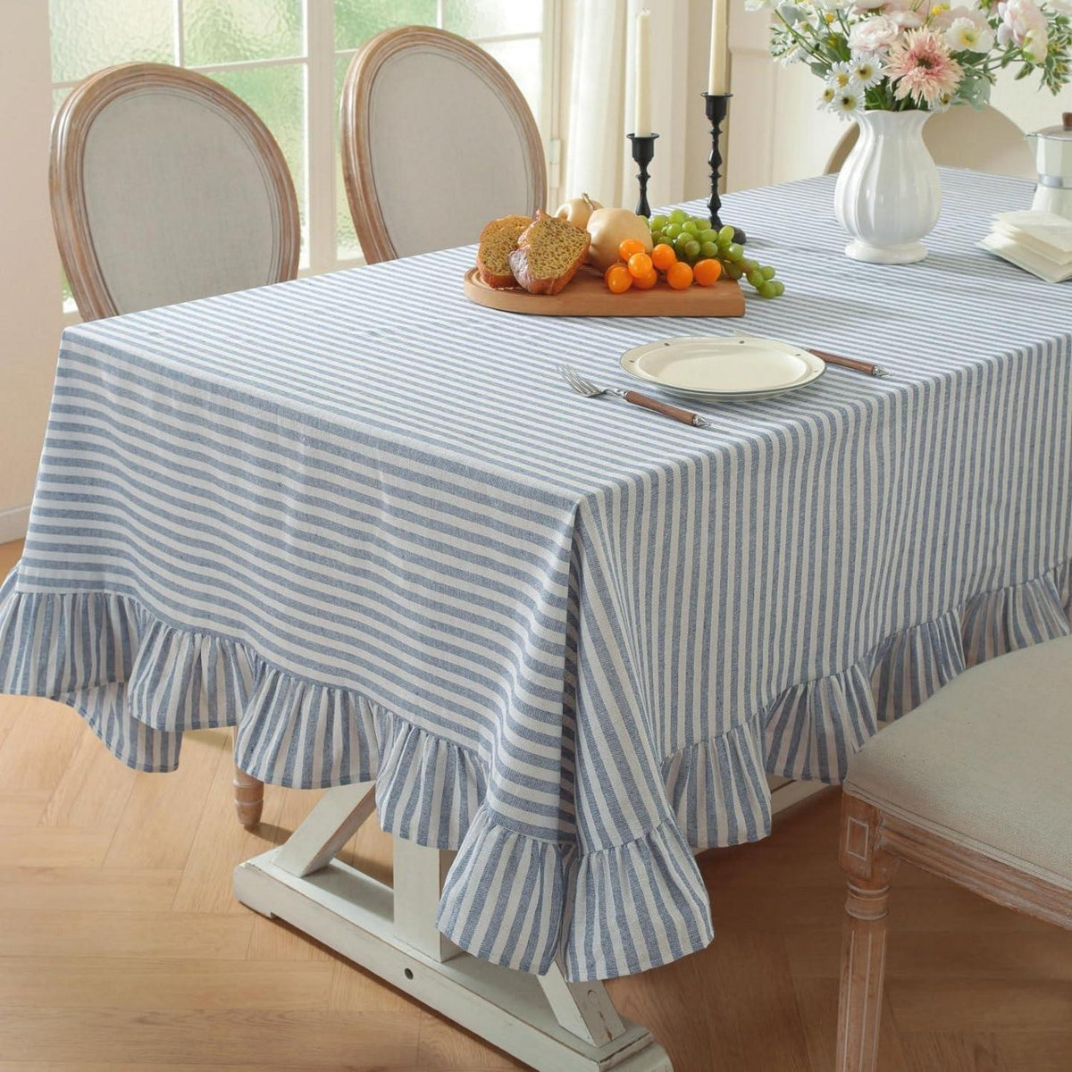 Baumwoll-Leinen Tischdecke Rüschen 110x170cm – Blau-Weiß