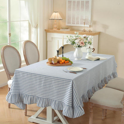 Baumwoll-Leinen Tischdecke Rüschen 152x305cm – Blau-Weiß
