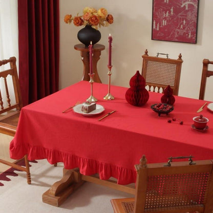 Baumwoll-Leinen Tischdecke Rüschen 140x300cm – Rot, Landhausstil