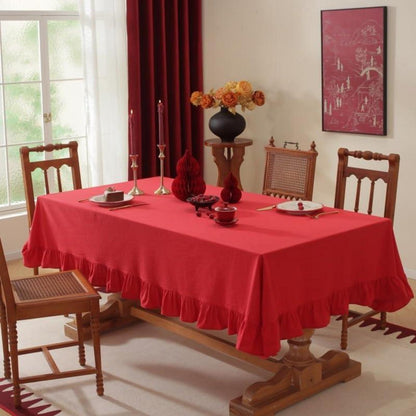 Baumwoll-Leinen Tischdecke Rüschen 140x300cm – Rot, Landhausstil